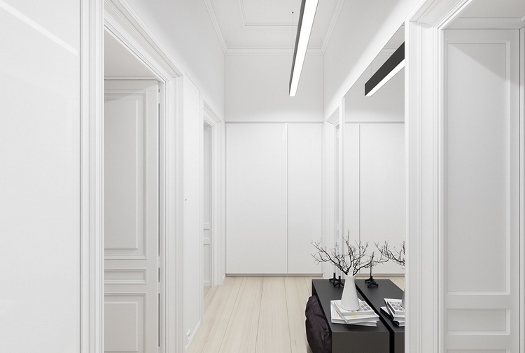 décoration-noir-blanc-couloir-entrée-moulures-miroir-meuble-bas
