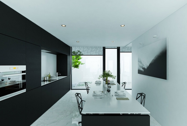décoration-noir-blanc-cuisine-sol-marbre-armoires-noires-mates