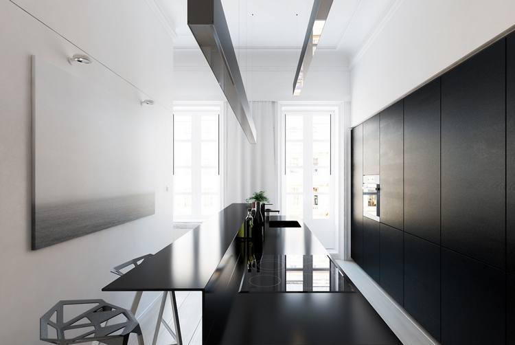 décoration-noir-blanc-cuisine-suspensions-linéaires-design-armoires-mates