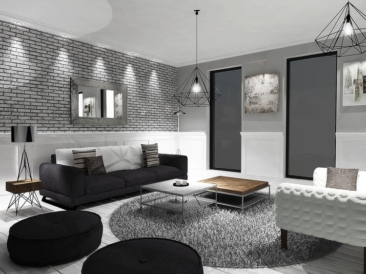 décoration-noir-blanc-gris-salon-éclectique-brique-grise