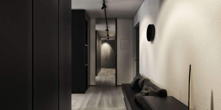 décoration-noir-blanc-spots-rail-sol-plancher-bois-gris-couloir