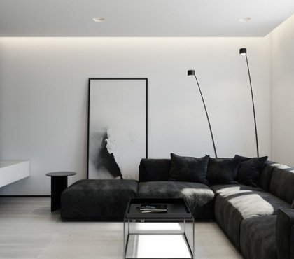 décoration noir et blanc tableau-moderne-canapé-angle-meuble-tv-suspendu