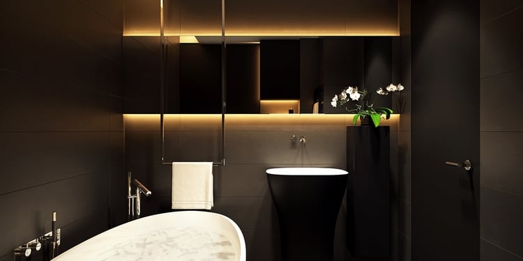 idées-décoration-noir-blanc-taupe-salle-bains-éclairage-indirect