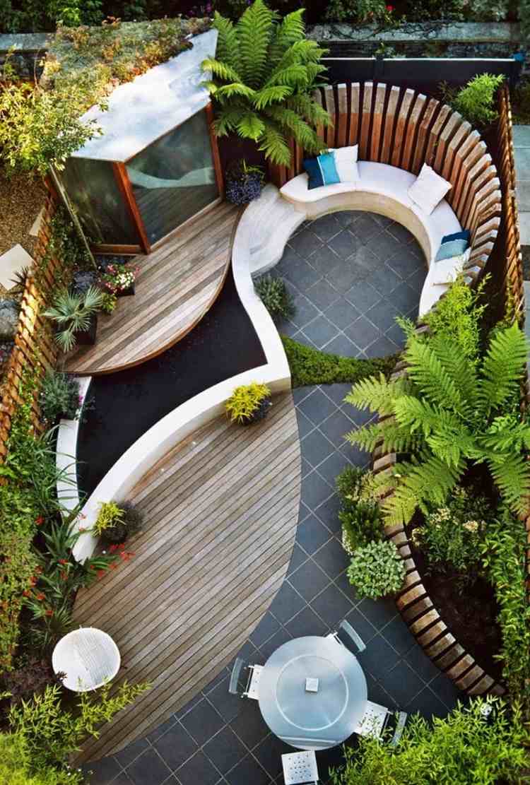 jardin-balcon-moderne-canapé-demi-lune-sol-bois-composite