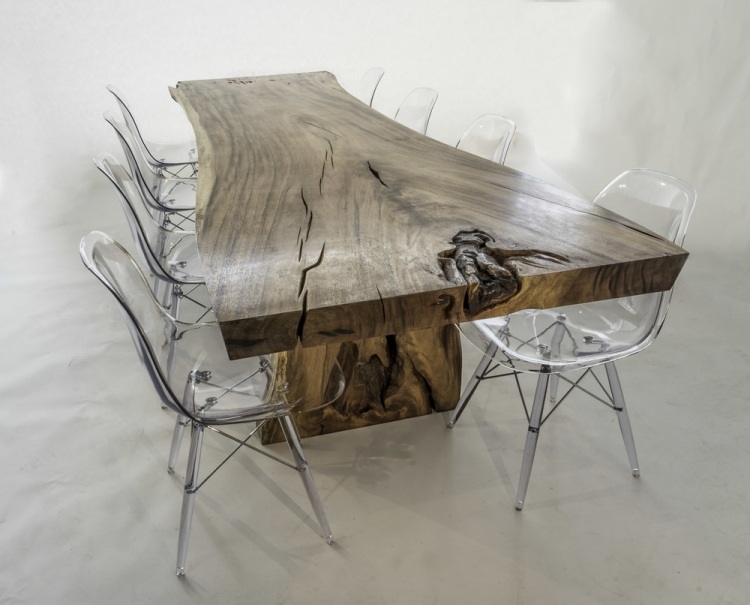 meubles-bois-massif-brut-table-salle-manger-bois-noueux-fissuré-chaises-acrylique