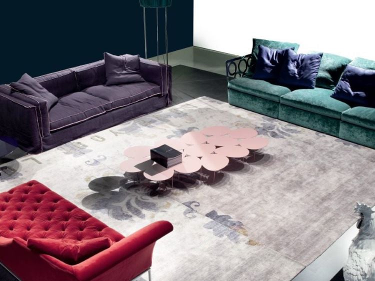 meubles design -salon-table-basse-rose-quartz-EGGS-canapes-rouge-pourpre-turquoise