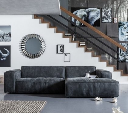 meubles salon design- canapé tapissé velours gris miroir rond