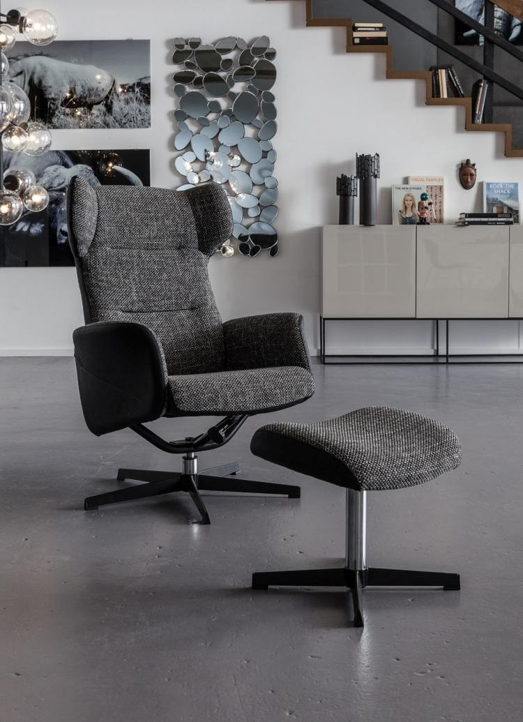 meubles salon design- fauteuil pivotant gris chiné avec repose-pieds