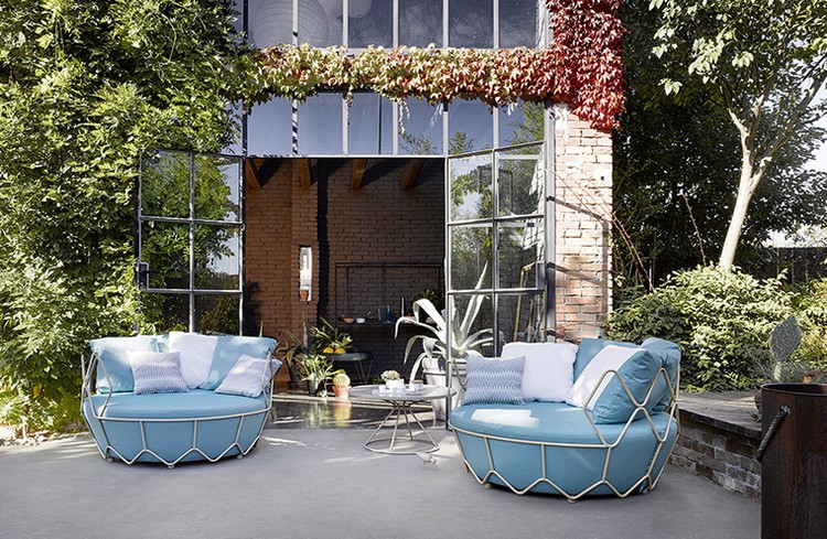 mobilier de jardin design -canapé-jardin-bleu-sérénité-cadre-métallique-Portofino