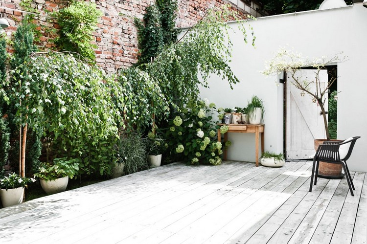 mobilier scandinave vintage -bois-noir-cour-interieure-plantes-interieur-vertes