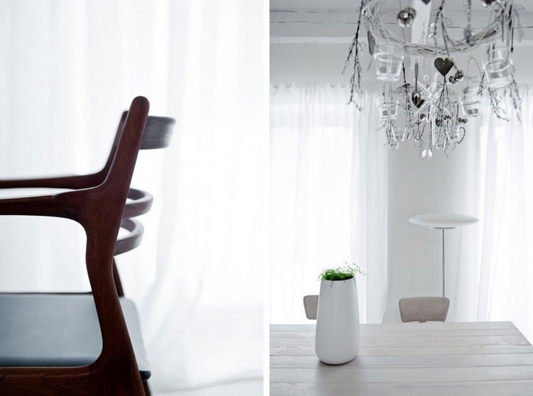 mobilier scandinave vintage -chaise-table-bois-peinte-blanc-pot-fleurs-blanc-minimaliste