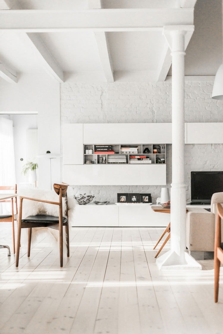 mobilier scandinave vintage -salle-sejour-plancher-pin-blanc-meuble-salon-blanc
