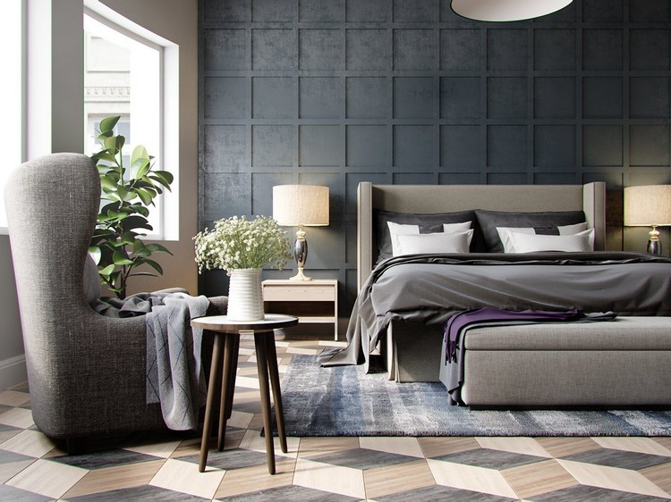 panneau décoratif mural -gris-parquet-massif-motif-geometrique-fauteuil-gris-meubles-bois