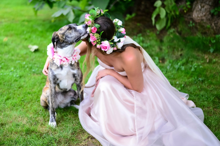 photos-mariage-romantique-chien-collier-fleurs-roses
