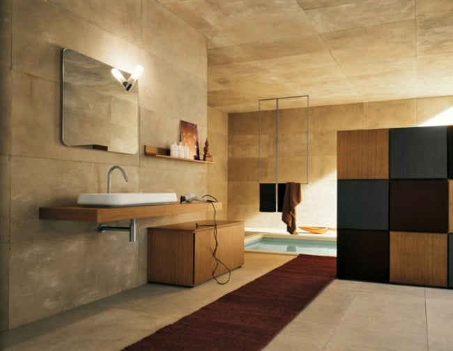 salle-bain-bois-carrelage-beige-grand-format-lavabo-tapis