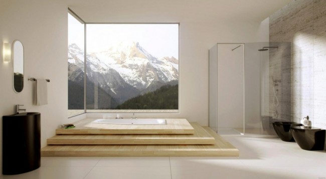 salle de bain en bois zen-déco-minimaliste-bagnoire-noire