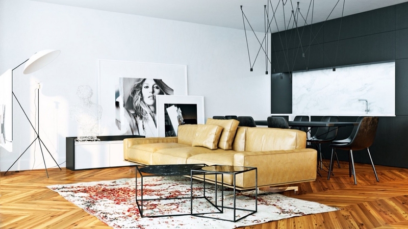 tableau moderne salon - photos noir blanc parquet canapé cuir