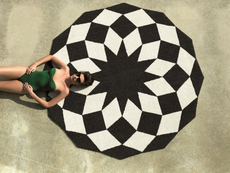 tapis extérieur –Vondom-rond-motifs-geometriques-noir-blanc