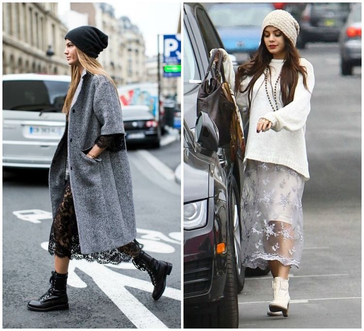 tendance de mode –superposition-robe-dentelle-manteau-long-gris-pull-blanc-jupe-blanche