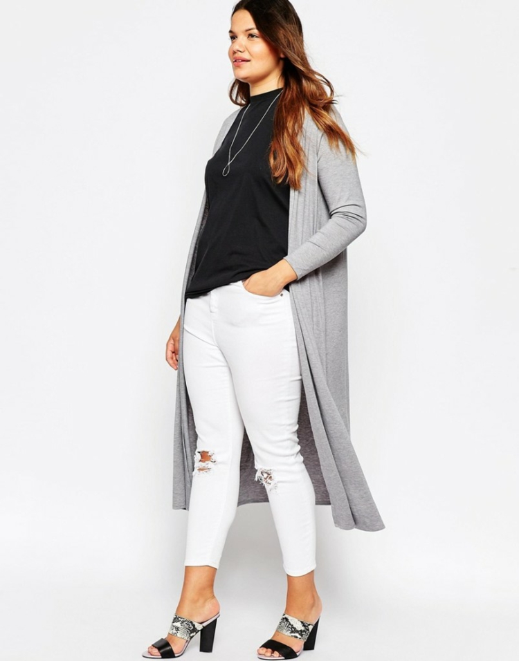 tendance de mode –superposition-vêtements-printemps-2016-blouse-noire-base-gilet-long-gris-jean-déchiré-blanc