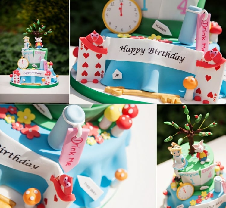 anniversaire-enfant fête à thème Alice au pays des merveilles idées-décoration-gâteau