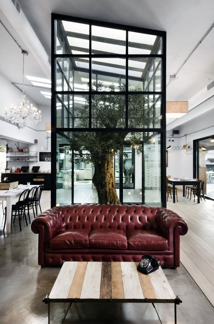 arbre d'intérieur espace moderne-canapé-Chesterfield-resto-italien-Kook