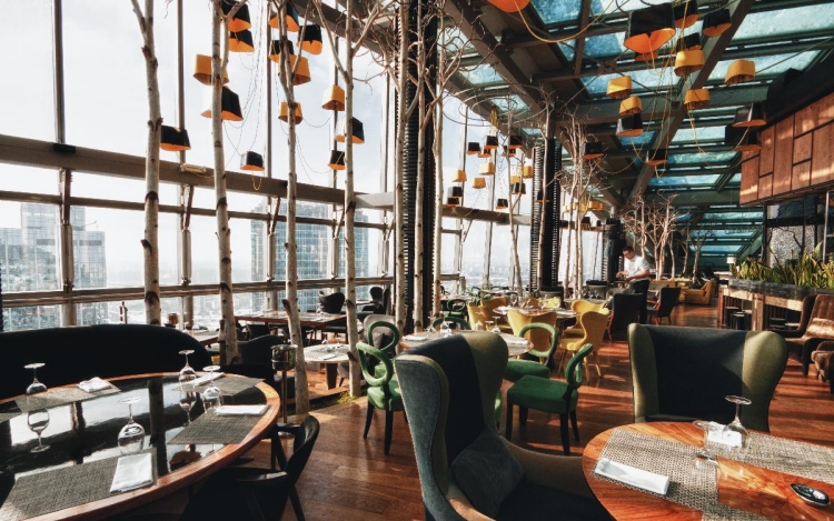 arbre-intérieur-restaurant-moderne-arbre-intérieur-restaurant-moderne-Moscou-bouleaux-lampes-design