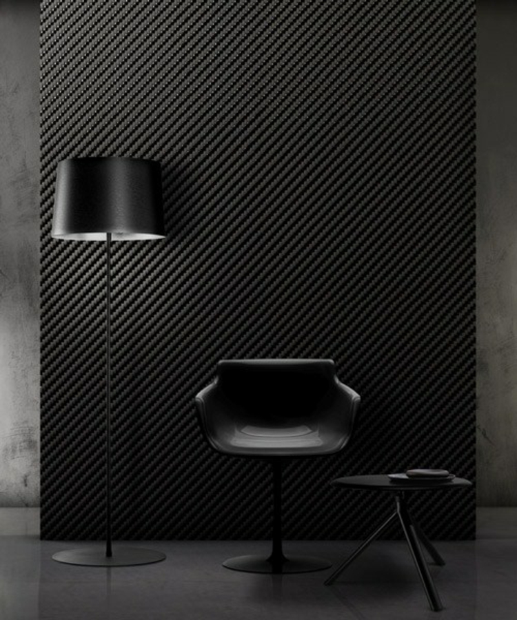 carrelage mosaïque -pulsar-noir-lampadaire-noir-chaise-table-basse-noires