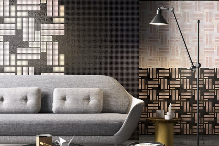 carrelage mosaïque -pivot-motifs-noir-orange-canapé-gris