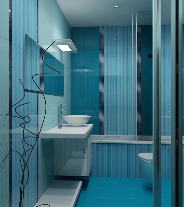 carrelage salle de bain bleu rayure-verticale-frise-nuance-foncée-meuble-blanc