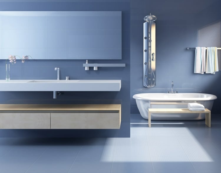 carrelage salle de bain bleu lavande-sol-murs-meuble-sous-lavabo-bois-blond