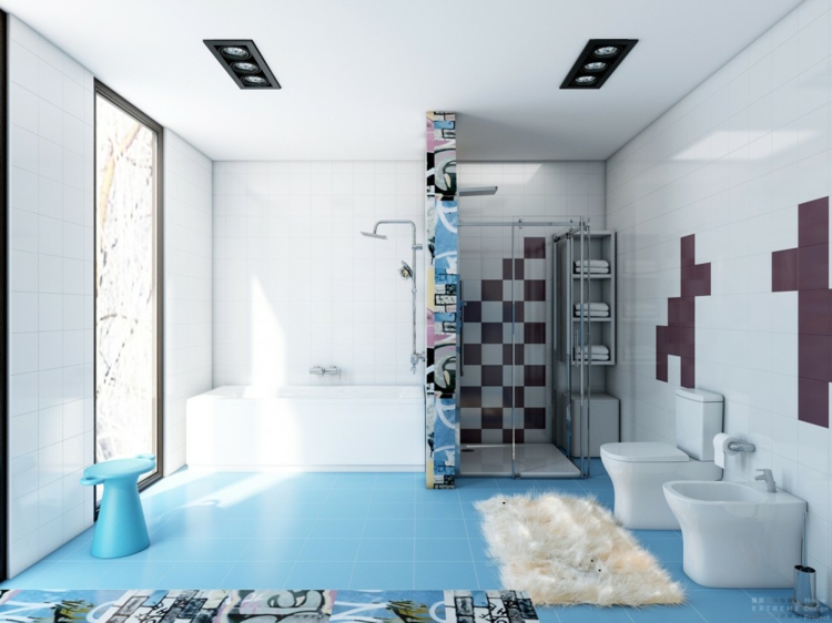 carrelage salle de bain bleu clair-blanc-décoration-graffiti-street-art-fourrure