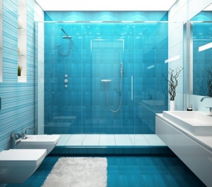 carrelage salle de bain bleu motifs-formes-dépareillés-cabine-sol-murs