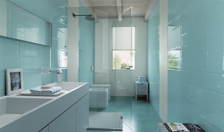 carrelage salle de bain bleu -vert-pâle-meuble-lavabo-blanc-paroi-douche