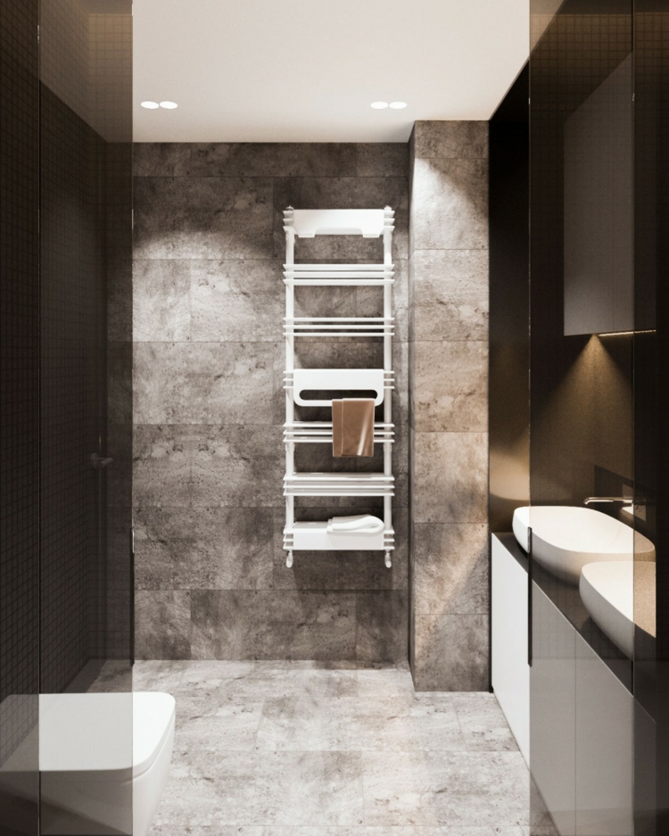 carrelage salle de bain gris-vasques-blanches-armoires-noir-blanc
