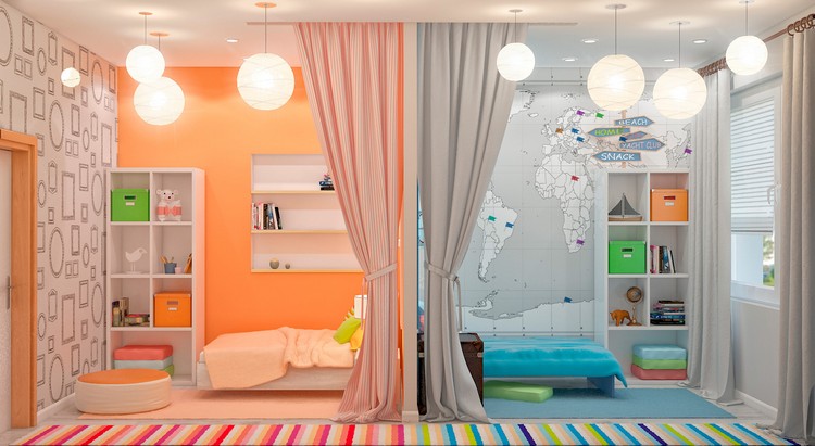 chambre-deux-enfants-peinture-orange-gris-suspensions-tapis