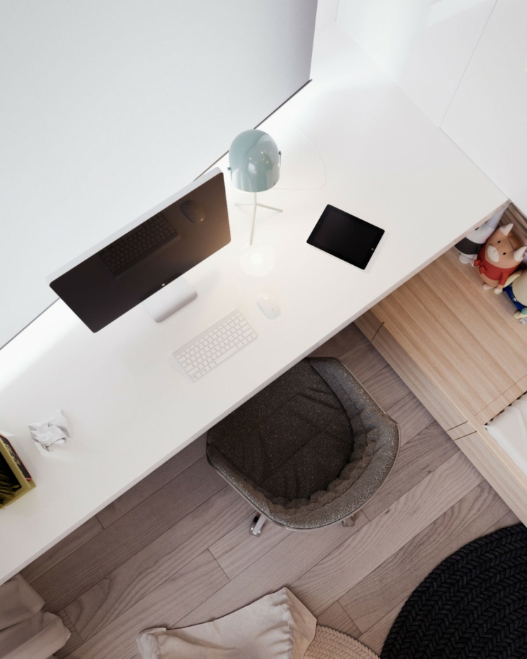 chambre-enfant-fille-meuble-bureau-blanc-lampe-bureau-parquet-bois-stratifié