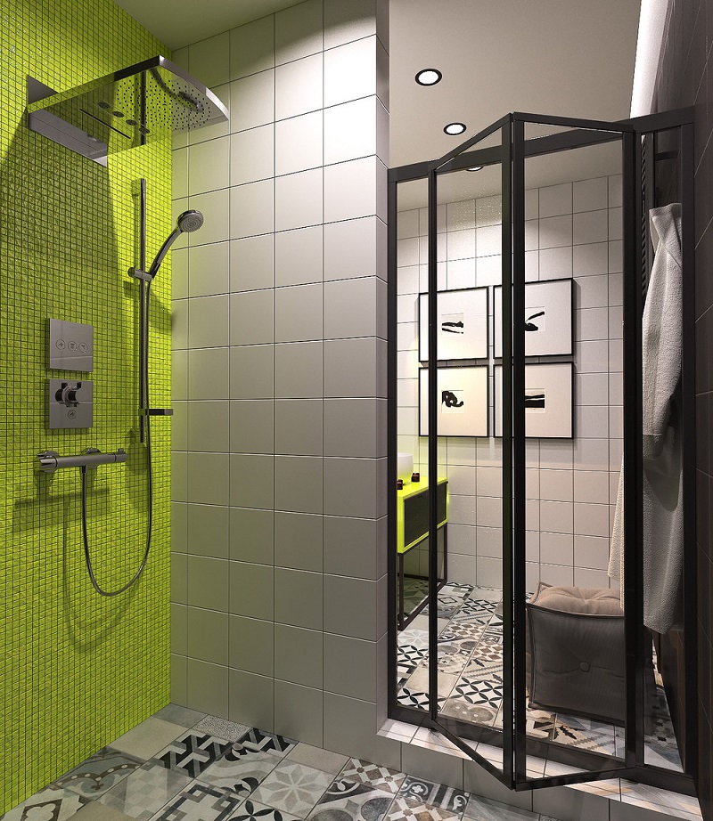 comment associer couleurs néon fond sobre- mosaique vert lime salle de bains