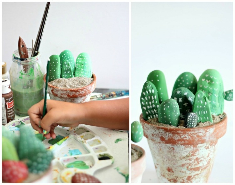 décoration terrasse -pots-cactus-galets-peinture-verte-blanche