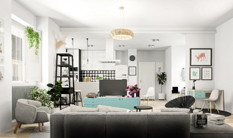déco-style-scandinave-canapé-droit-meuble-bois-bleu-cadre