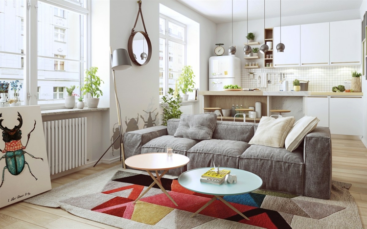 déco-style-scandinave-canapé-droit-tableau-décoratif-tapis-coloré