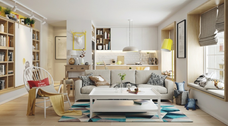 déco-style-scandinave-lampadaire-jaune-table-blanc-tapis-bleu