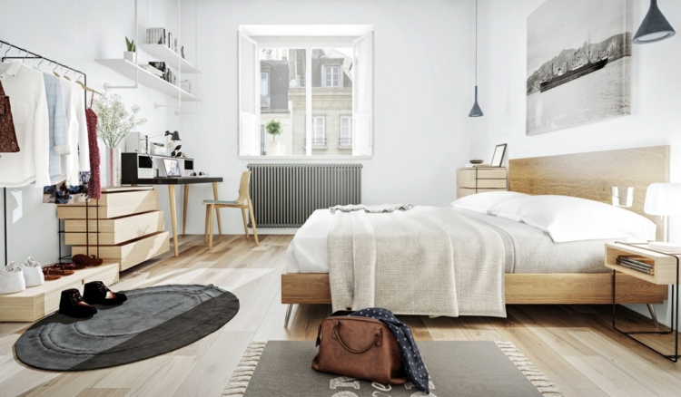 déco-style-scandinave-lit-bas-bois-tapis-gris-cadre-décoratif