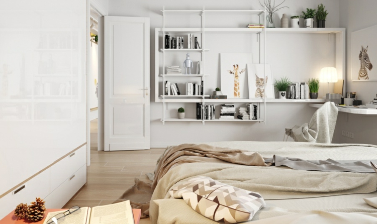 déco-style-scandinave-literie-beige-étagères-murales-blanc