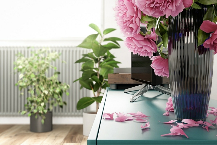 déco-style-scandinave-meuble-bleu-fleurs-roses-vase-plantes