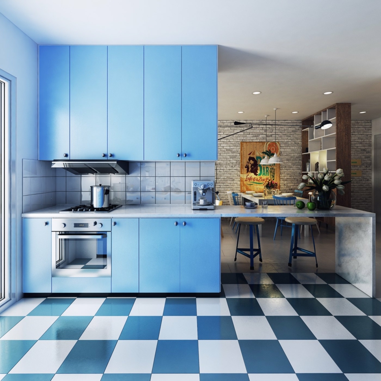 déco-style-scandinave-meubles-cuisine-bleu-ciel-carrelage-damier