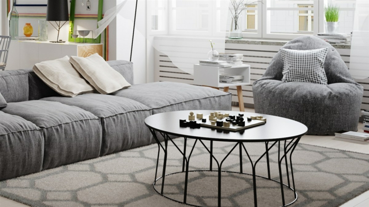 déco style scandinave table-ronde-métallique-canapé-droit-gris