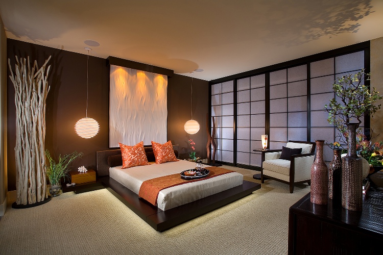 décoration-tendance-peinture-marron-lit-design-commode-style-japonais
