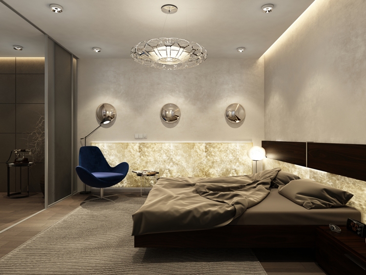 décoration-tendance-plafond-luminaire-lit-bas-fauteuil-bleu-foncé