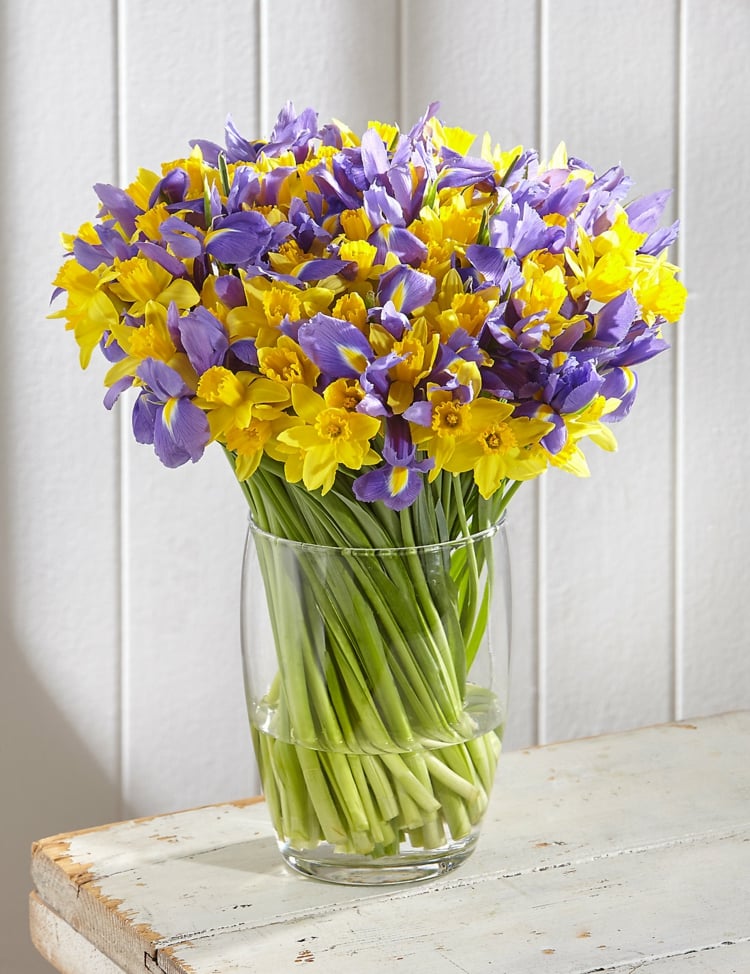 décoration vase en verre bouquet narcisses iris- idée couleurs complémentaires